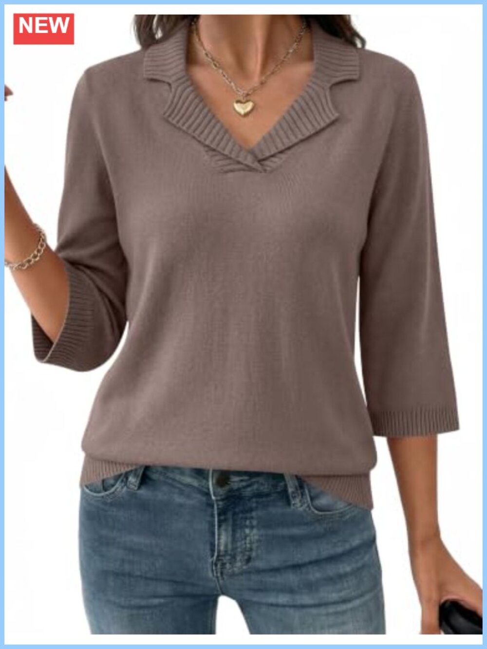 Womens Collared V Neck 3/4 Sleeve Knit Pullover Sweater